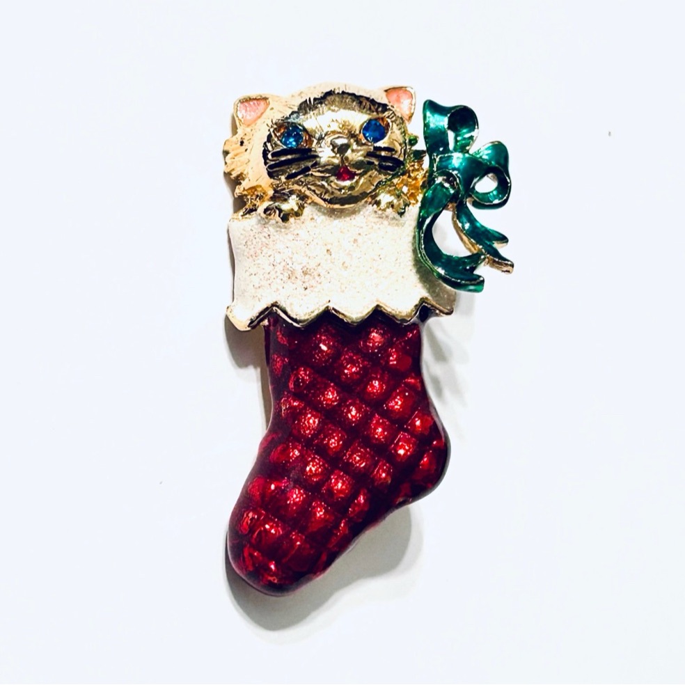 Vintage Christopher Radko Christmas Cat In Stocking Brooch Signed